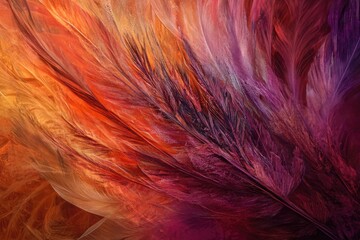 A vibrant display of feathers with a gradient from orange to purple, showcasing intricate textures and patterns.