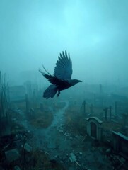 Obraz premium A solitary raven soaring over a misty, ruined cemetery.