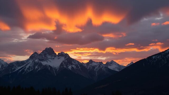 dramatic sky over rocky mountains at sunset