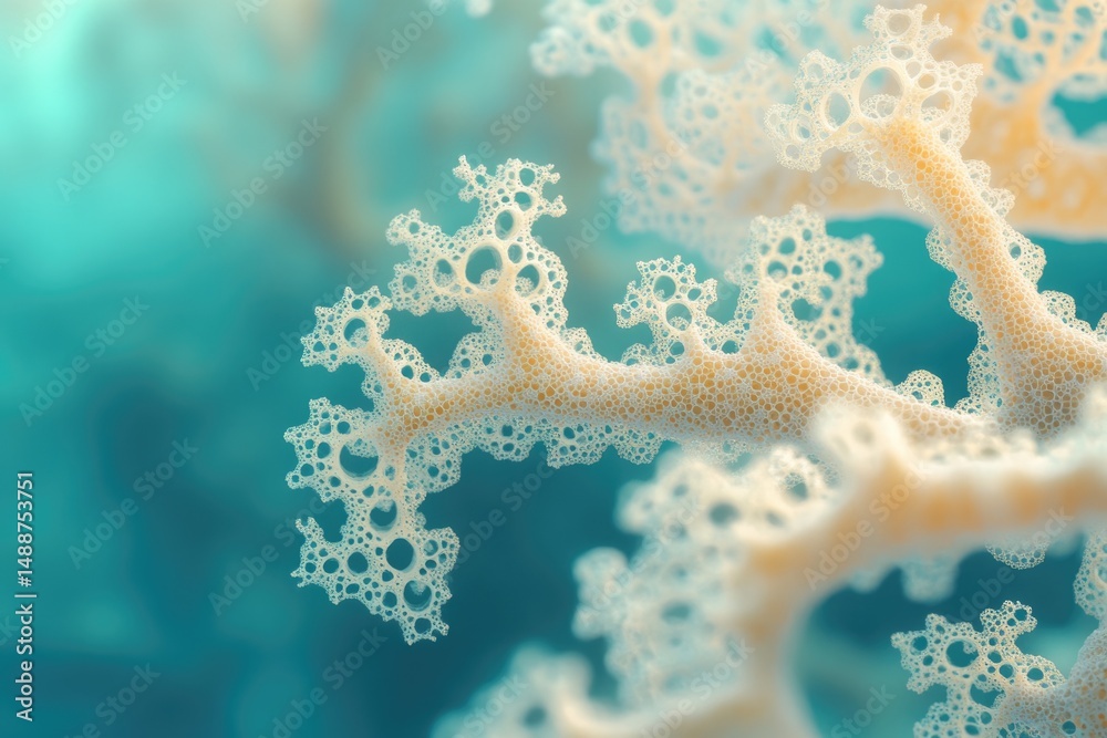 Fototapete abstract, fractal-like structure of light-colored coral with a foam-like texture on a blurred, teal-