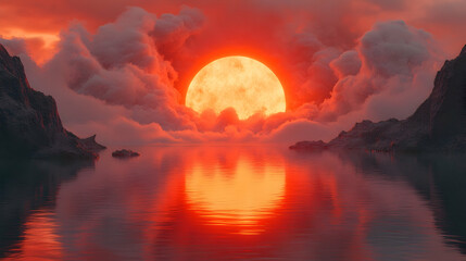 A large, fiery orange sun sets behind a landscape of dark, rocky mountains and a calm body of water that reflects its vibrant glow, partially obscured by swirling clouds of the same fiery hue