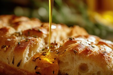 Golden olive oil pouring over freshly baked focaccia bread, adorned with herbs, highlighting a delicious Italian culinary experience.