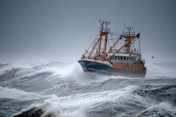 A fishing boat navigates through tumultuous waves in a stormy sea as rain clouds gather overhead during twilight. The boat's struggle against the elements showcases resilience
