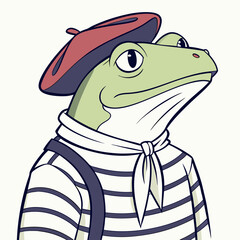 Chic frog in beret and Parisian striped shirt ensemble