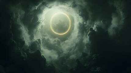 A luminous, ring-shaped celestial body is visible through a swirling mass of dark, ominous clouds, creating a dramatic and somewhat eerie atmospheric scene