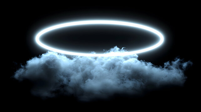 A luminous, oval-shaped neon ring hovers above a soft, ethereal cloud formation set against a stark black background.  The glow emanates a cool, otherworldly ambiance