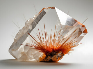 Quartz Crystal Cluster with Rutilated Fibers: A mesmerizing specimen of a large, clear quartz crystal cluster adorned with vibrant orange rutilated fibers.