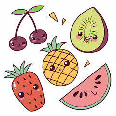 Cute kawaii fruit icons: cherry, kiwi, pineapple, plum, peach, melon