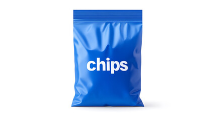 Blue bag of chips on a white background. Studio shot of a vibrant snack package, perfect for showcasing food photography and design. Product advertisement.