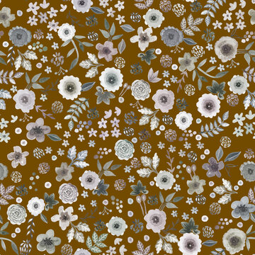 Ditsy flowers, print Watercolor painting of leafs and flowers, seamless pattern.  elegant and classic summer spring floral unique , textile  wallpaper  and wrapping sheet design 