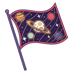 Space colony flag icon with planets, stars, and cosmic grid