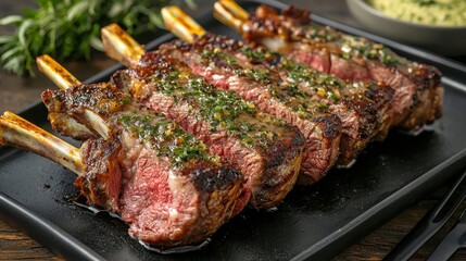 Juicy, grilled beef ribs seasoned with herbs and spices, served hot on a black platter.