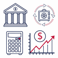 Modern finance icons pack: bank, calculator, dollar sign, safe, graphs