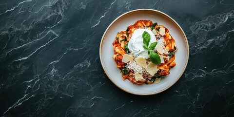 A plate of pasta topped with burrata cheese, fresh basil, and parmesan, served on a dark marble table.
