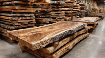 Beautiful wooden slabs stacked in a woodworking shop showcasing various textures and grains in natural light