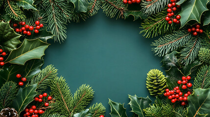 A teal background is framed by lush evergreen boughs, holly leaves, and clusters of vibrant red berries, along with a few pine cones, creating a festive, circular border