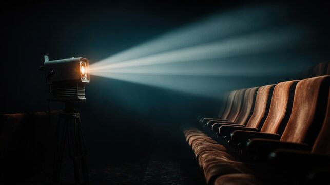 Cinematic projection beams illuminate a darkened theater.