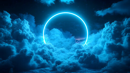 A vibrant, electric-blue neon ring floats amidst a dramatic, dark-blue, cloud-filled night sky, creating a surreal and atmospheric scene