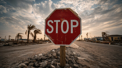 Weathered stop sign stands in a desolate road lined with damaged palm trees and debris at sunset in a hurricane-affected area