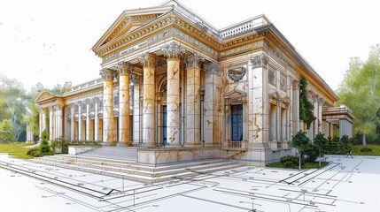 Obraz premium Architecture, line drawing, vector lines, central main building, ultra high definition, white background, clean Architecture.