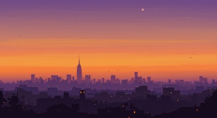 Cityscape at Sunset - A stunning cityscape silhouette at sunset, with warm orange and purple hues dominating the sky. Buildings are detailed, creating a peaceful urban scene