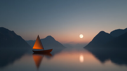 Serene Sail: A lone sailboat glides across tranquil waters at twilight, silhouetted mountains framing a radiant moon, a peaceful escape to nature.