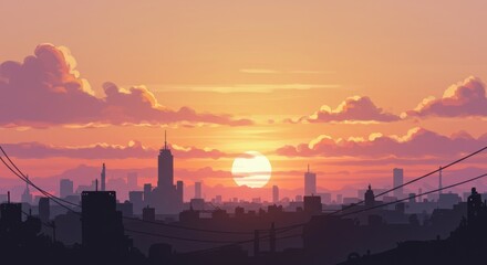 Cityscape Sunset Panorama - Stunning illustration of a city skyline at sunset, with a vibrant sky and silhouetted buildings
