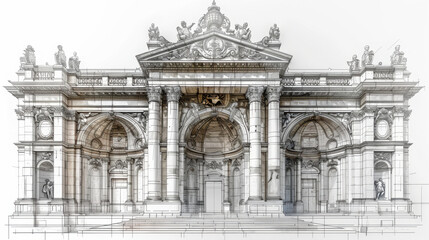 Obraz premium Architecture, line drawing, vector lines, central main building, ultra high definition, white background, clean Architecture.
