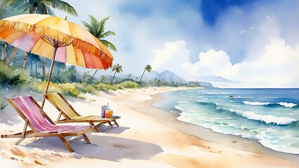 Watercolor beach scene, sea or ocean shore, summer vacation background.