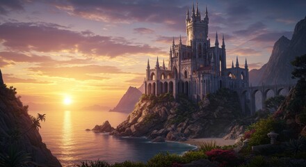 Naklejka premium Coastal Castle Sunset - Majestic castle perched on a cliff overlooking a tranquil ocean at sunset. Serene and picturesque scene