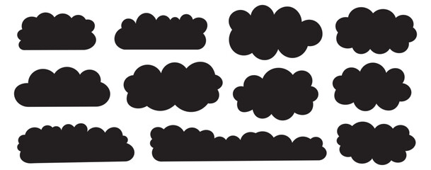 collection of black silhouette clouds in various shapes and sizes. Black Clouds silhouettes set isolated flat vector illustration on white background.Fluffy clouds icon set.  Vector set of clouds .
