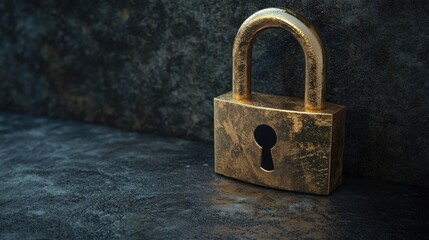 Aged brass padlock on dark textured surface.