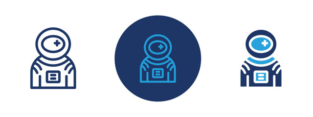 Set of 5 pixel perfect colored Astronaut or cosmonaut icon with 1 unexpanded, 1 silhouette,  Person in space suit representing space explorer.