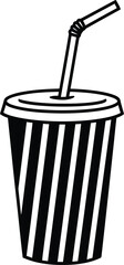 Simple minimalist black and white line drawing of paper cup with straw graphic design

