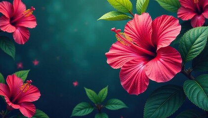 Fototapeta premium Bold vibrant hibiscus & tropical foliage, endless design, tropical, leaves, tropical pattern