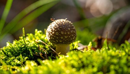 Forest mushroom growing in vibrant green moss sunlight autumn nature scene