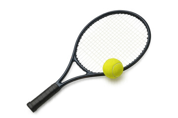 Vibrant tennis racket and ball positioned against transparent backdrop, capturing dynamic sports energy and competitive spirit