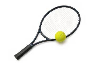 Vibrant tennis racket and ball positioned against transparent backdrop, capturing dynamic sports energy and competitive spirit