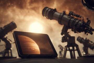 Digital display of a planet against a backdrop of astronomical instruments.