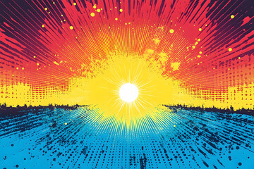 A vibrant digital abstract of a bright sun rising above a textured sea, with burst-like radial lines