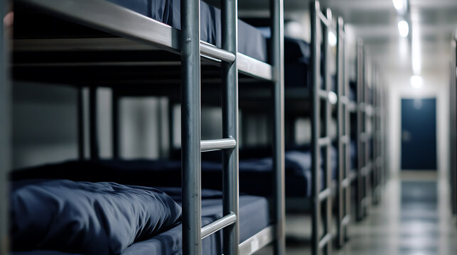 Bunk Beds in a Dormitory or Shelter: Rows of metal-framed bunk beds lined up in a hall. Sleep, rest, safety, lodging, and minimalist life concept.