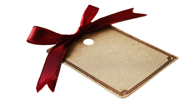 Gift tag with a red ribbon bow designed for various occasions featuring a blank space for personal messages on a transparent background