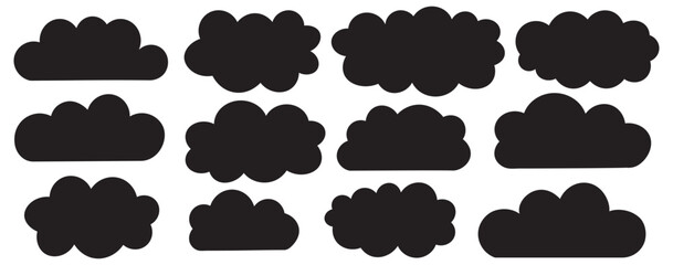 collection of black silhouette clouds in various shapes and sizes. Black Clouds silhouettes set isolated flat vector illustration on white background.Fluffy clouds icon set.  Vector set of clouds .