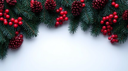 Festive arrangement of red berries and pine cones interspersed with evergreen boughs on a white background, creating a seasonal border with a blank space in the center