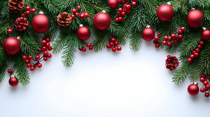 Festive garland of pine, red berries, and ornaments forms a border atop a white background, leaving ample space below.  Perfect for a holiday card or invitation