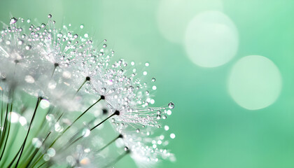 Naklejka premium Beautiful fluffy dandelion flower with water drops on green background, closeup. Space for text