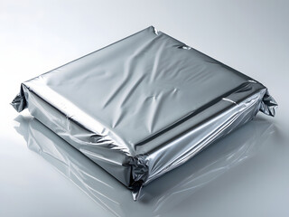 Sealed Packaged Product: A silver-wrapped product, neatly sealed with a shimmering metallic finish, sits on a reflective surface. Suggesting newness, mystery, and the anticipation of what lies within.