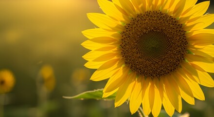 Obraz premium Vibrant yellow sunflower in golden sunlight summer field day warm bloom macro plant happy image rural