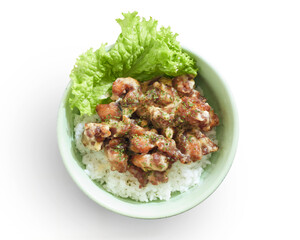 Isolated Delicious Chicken Rice Bowl With Buttermilk Sauce Fresh Lettuce and Seasoning Served in a Light Green Bowl