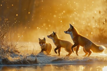 Three red foxes, illuminated by golden sunlight, walk across a frosted landscape with water reflections, creating a magical winter scene.